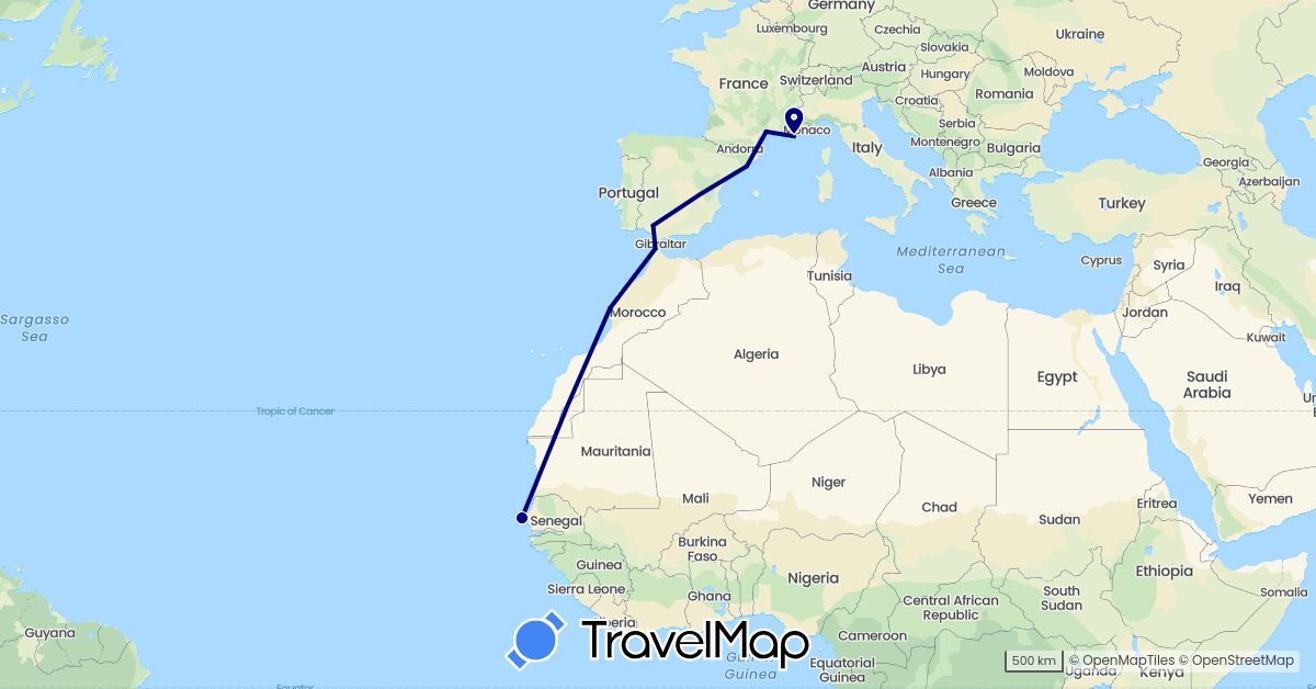TravelMap itinerary: driving in Spain, France, Morocco, Senegal (Africa, Europe)